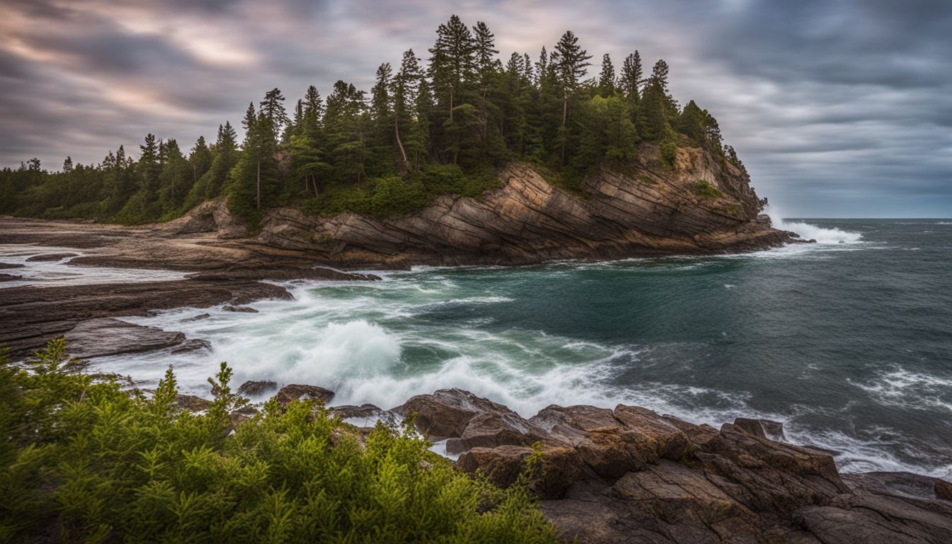A photo of Grissom Island's rocky shoreline surrounded by crashing waves, showcasing the beauty of nature and human activity.