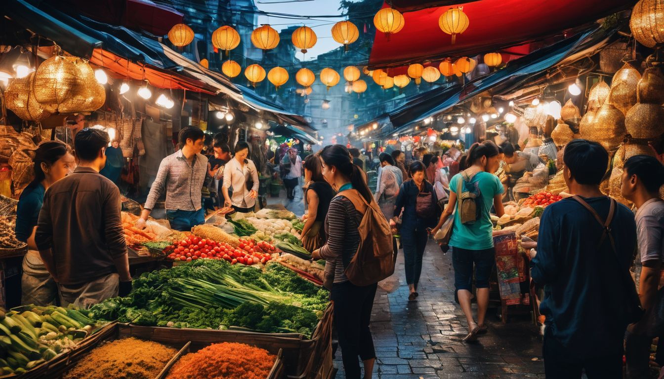 A diverse group of travelers exploring a vibrant street market in Vietnam, captured in a stunning photograph.