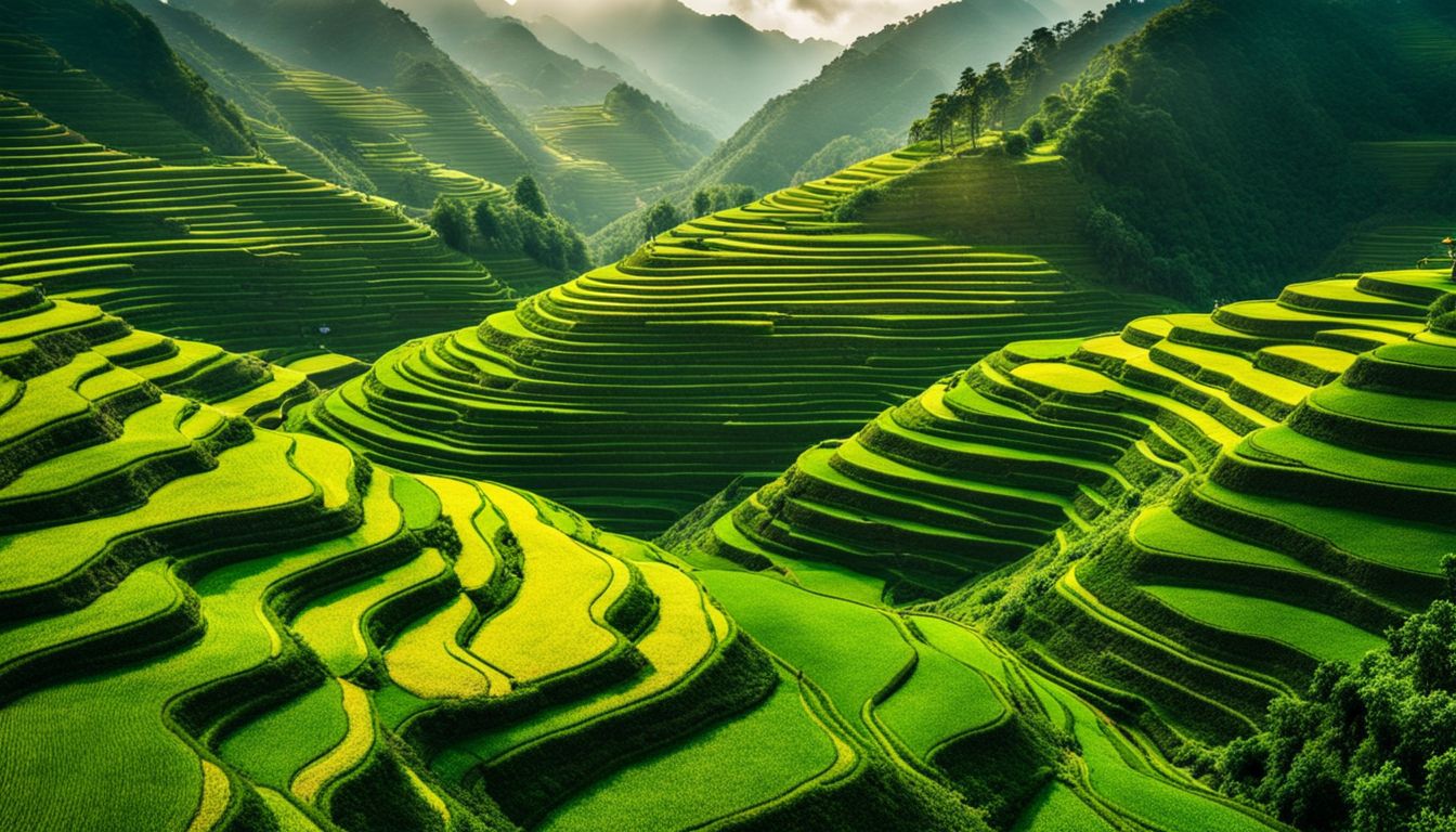 A vibrant photo showcasing lush green terraced fields in Ha Giang, capturing the bustling atmosphere and diverse individuals.