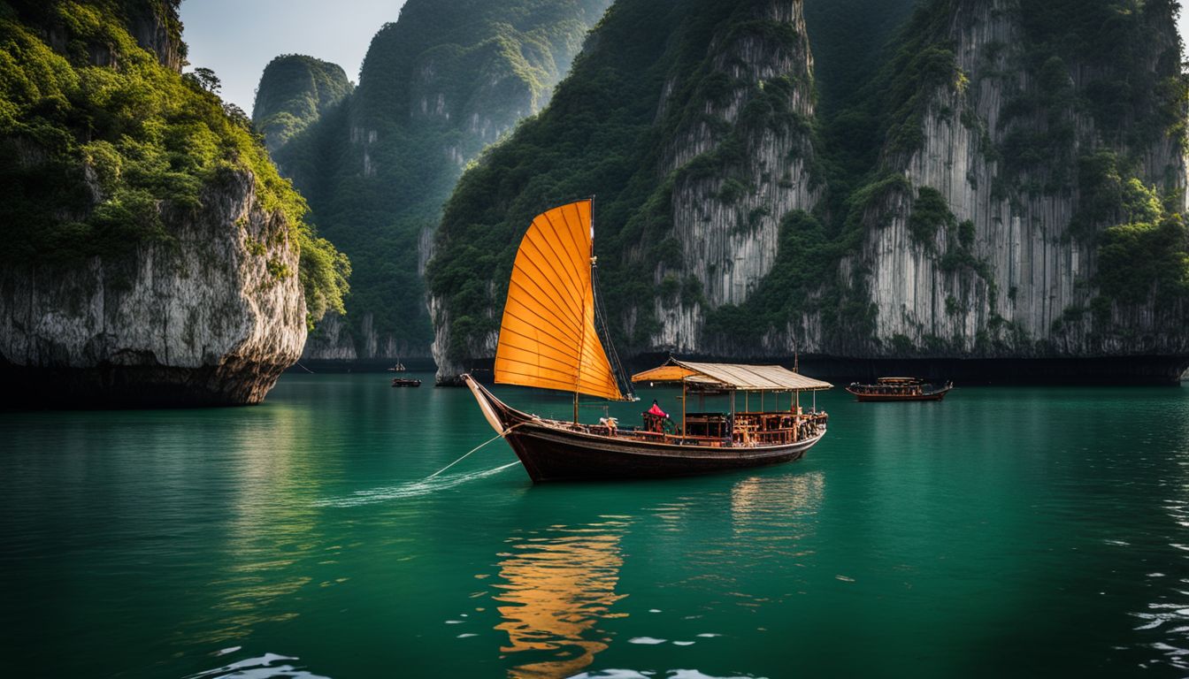 A traditional fishing boat sails through the stunning limestone formations of Ha Long Bay.