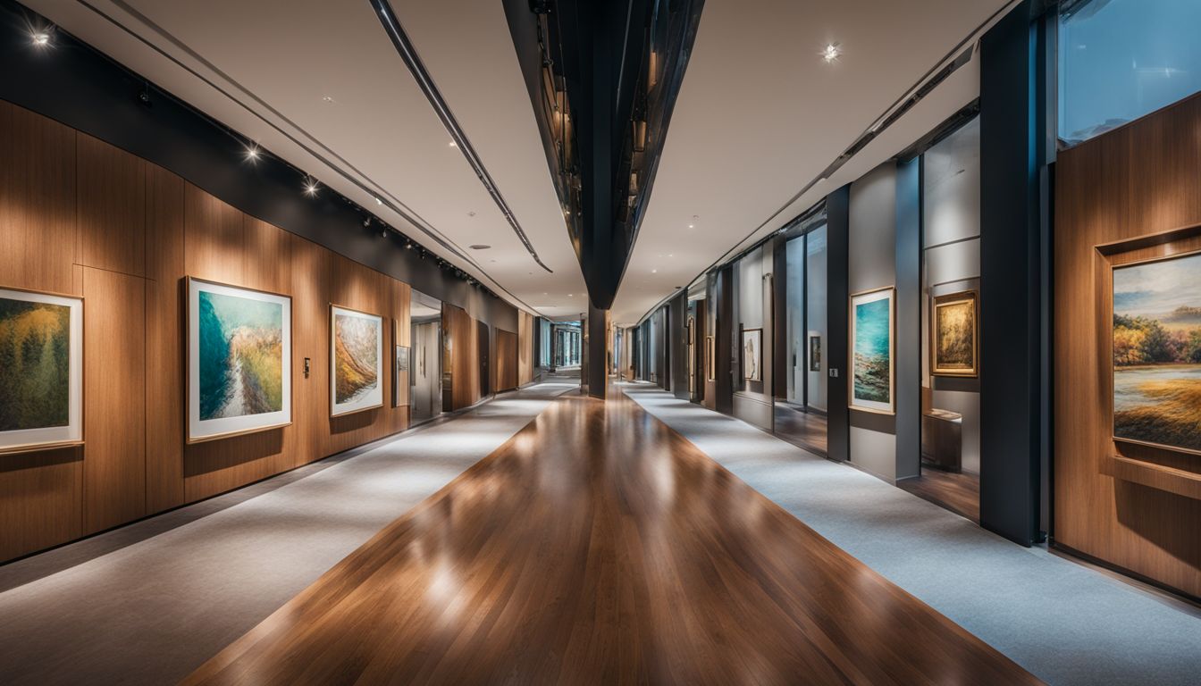 A stunning hallway featuring beautiful artwork, a polished wooden floor, and a bustling atmosphere.