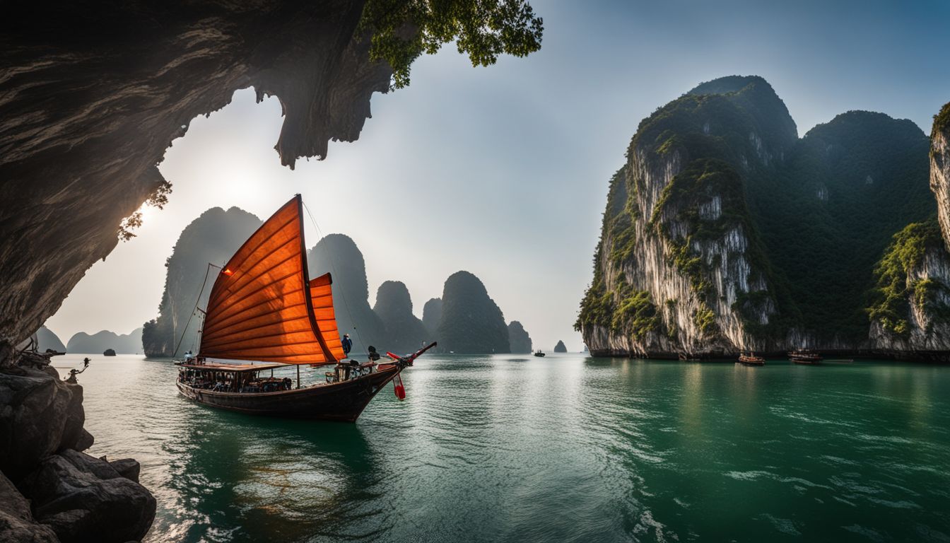 A traditional Vietnamese fishing boat sails through the limestone karst formations of Halong Bay.