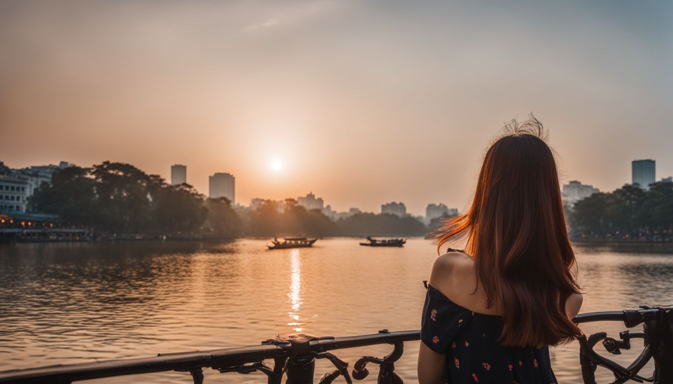 A stunning panoramic view of Hanoi's iconic Hoan Kiem Lake at sunset, capturing the bustling atmosphere and diverse faces of the city.