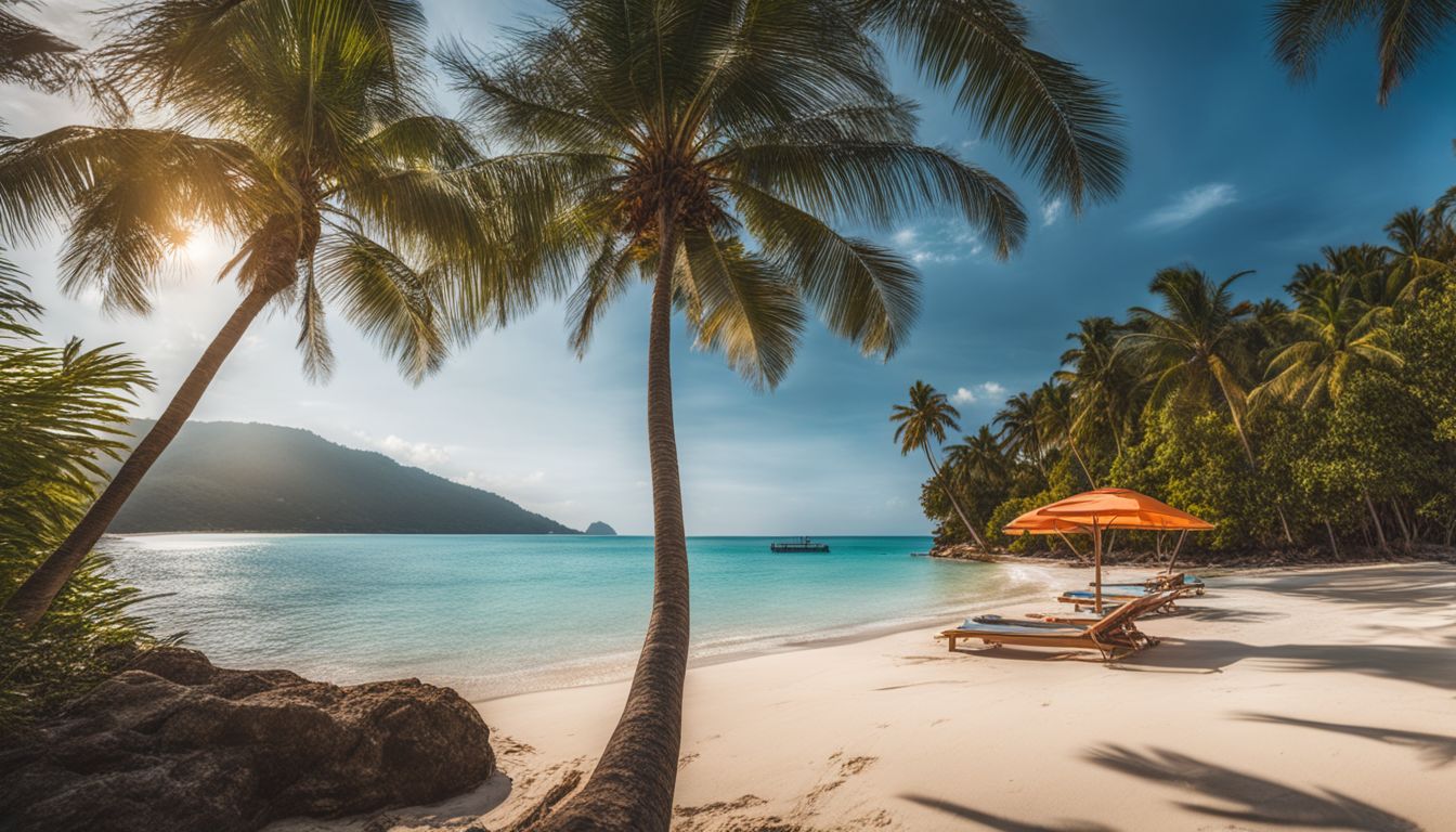 A picturesque tropical beach with palm trees and clear blue waters, featuring a variety of people, clothing, and hairstyles.