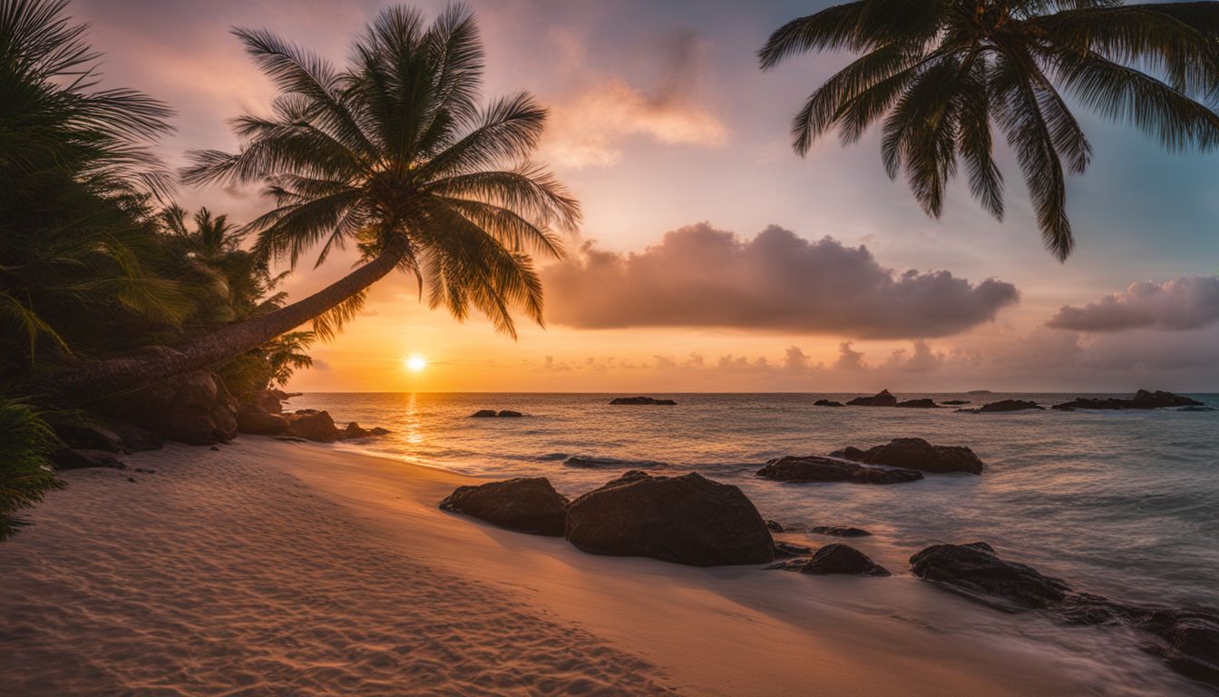 A picturesque tropical beach at sunset with palm trees and a bustling atmosphere.