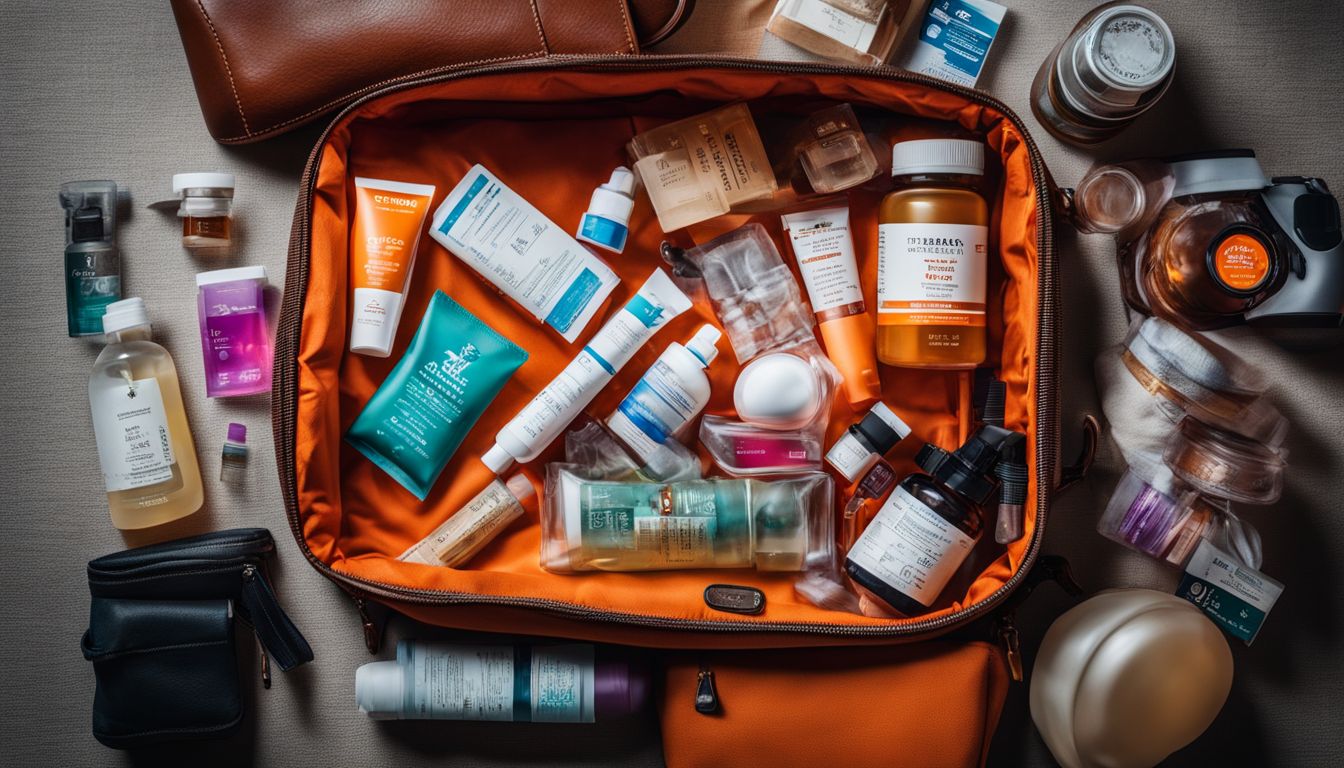 'A vibrant assortment of medications and vaccines packed in a travel bag alongside essential items.'