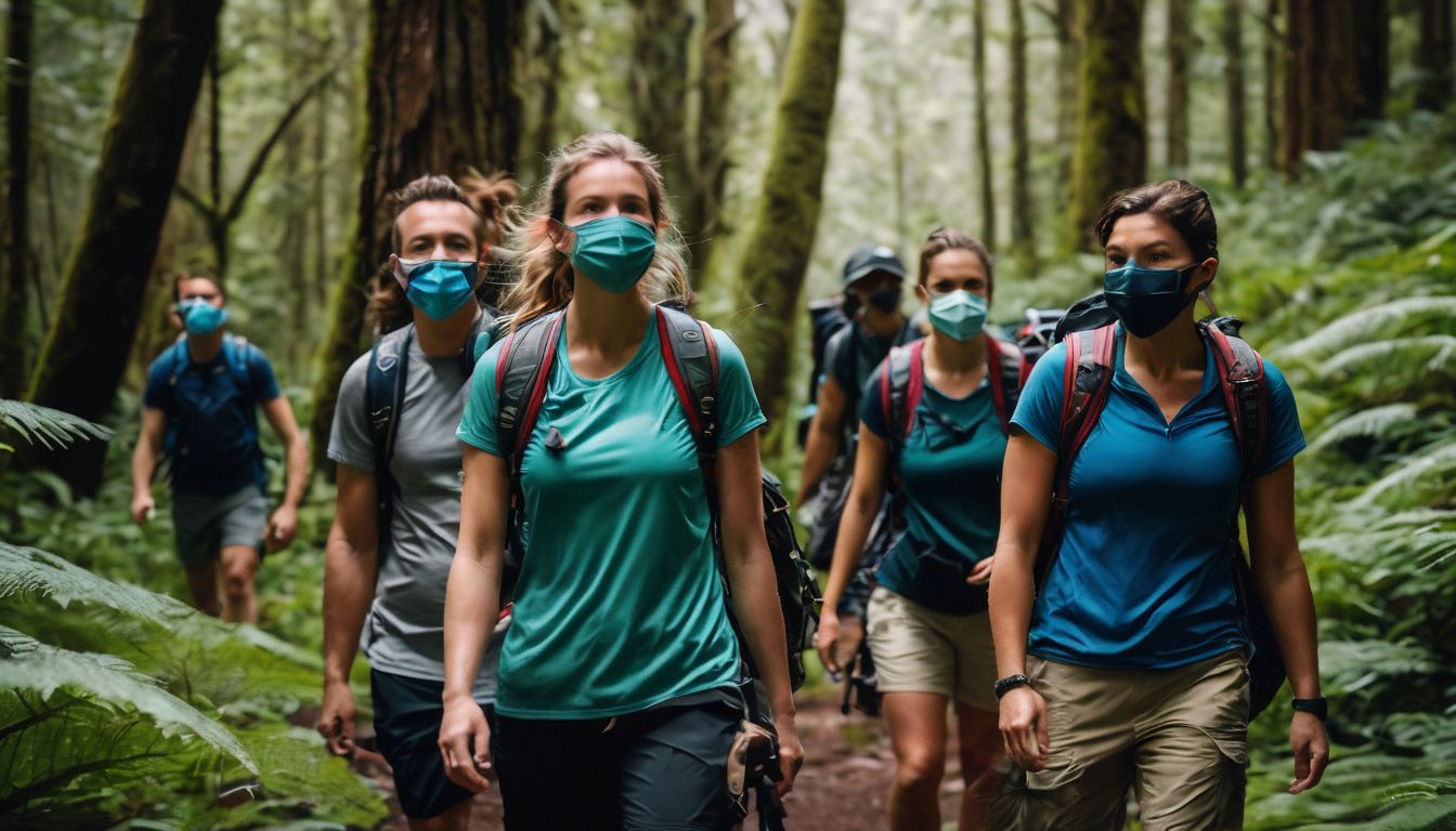 A diverse group of hikers wearing masks explores a lush forest in a well-lit and bustling atmosphere.