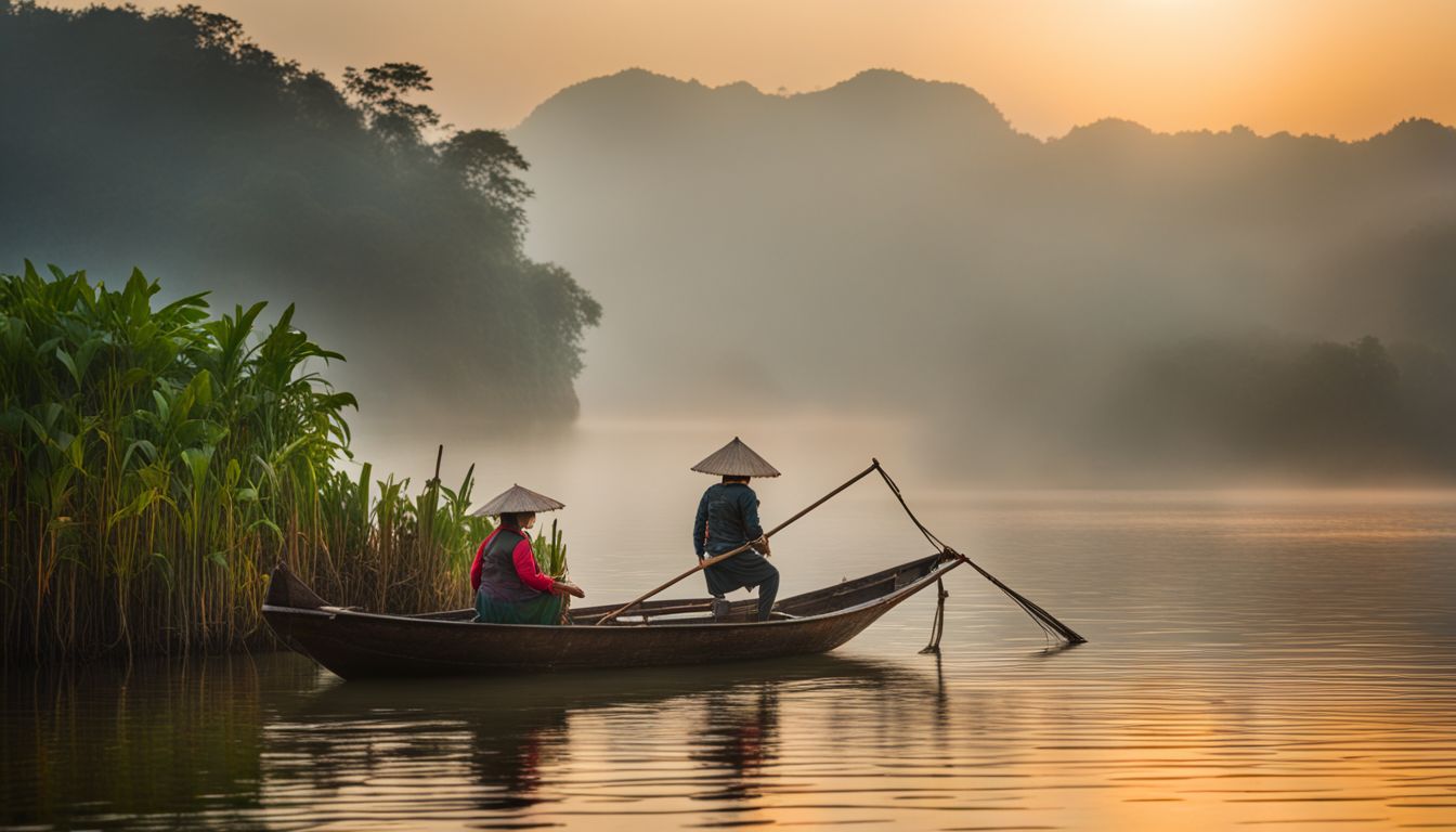A traditional Vietnamese boat sails on a misty lake at sunrise, creating a serene and picturesque scene.