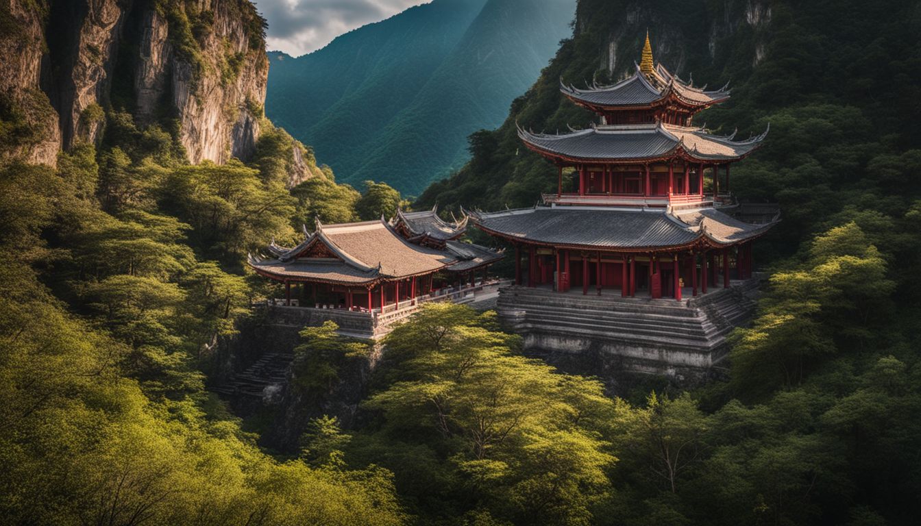A photo of an ancient Buddhist temple nestled among the Marble Mountains, capturing the bustling atmosphere and natural beauty.