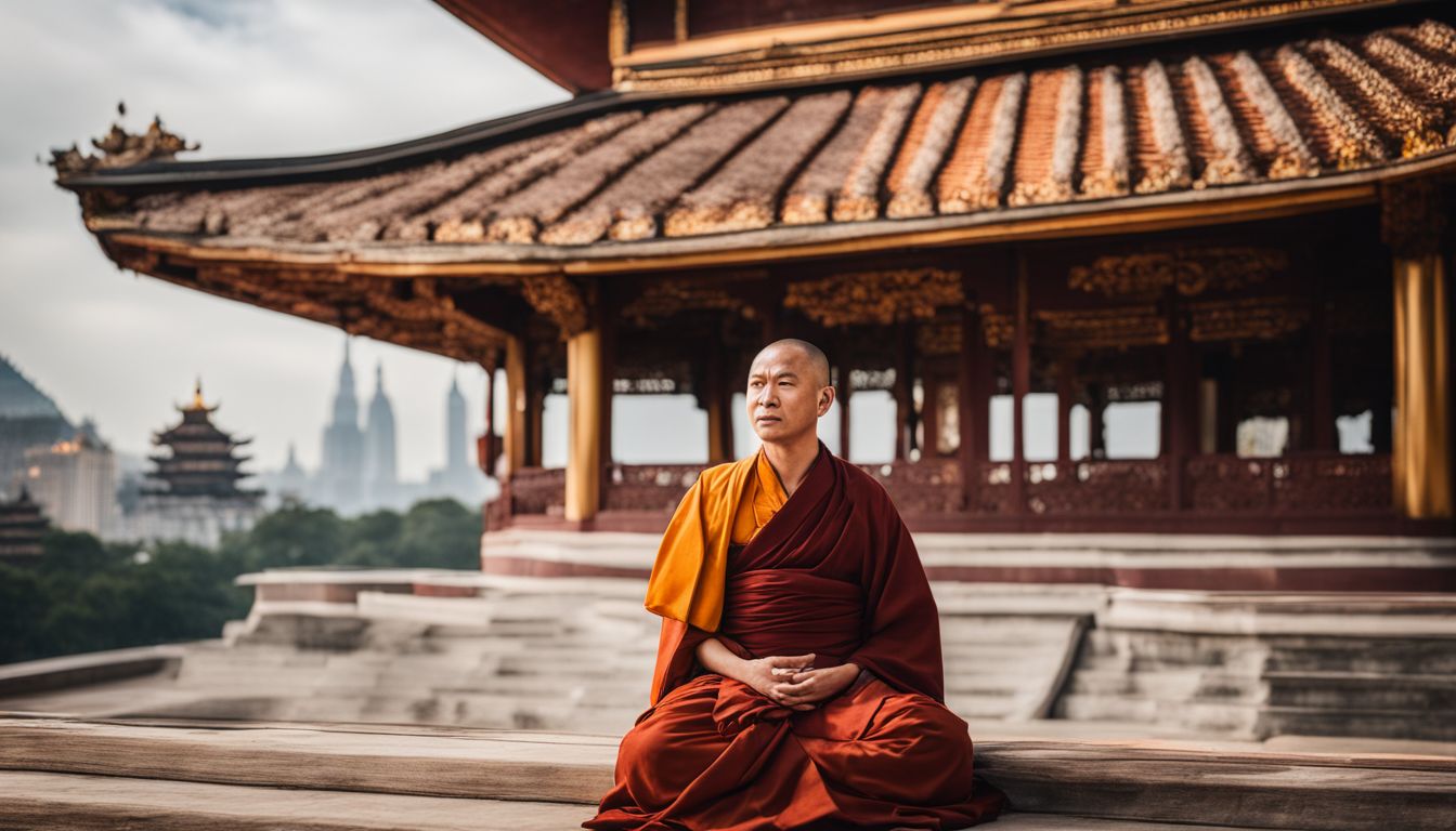 A Buddhist monk meditates in front of an ornate pagoda in a bustling cityscape.