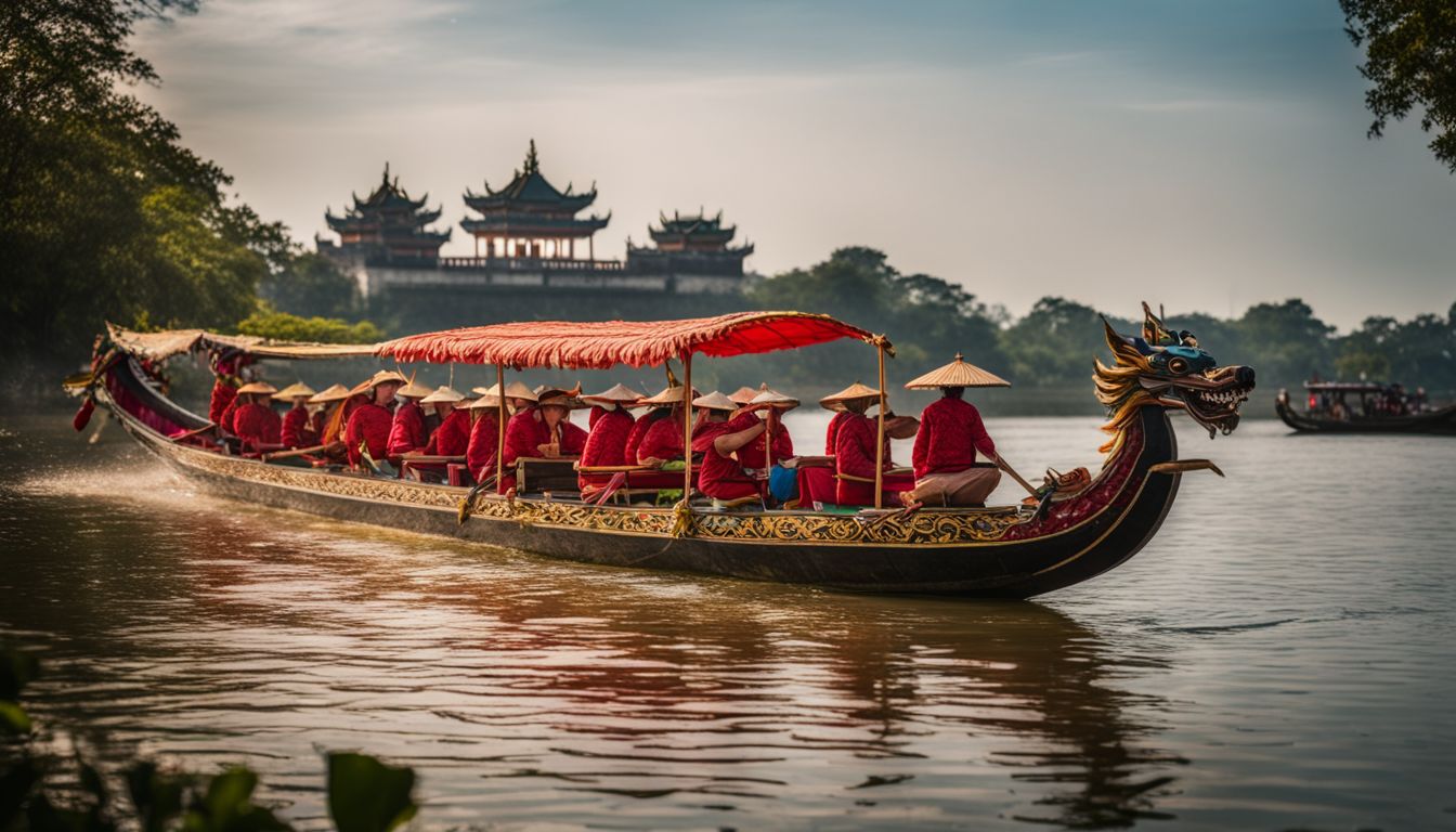 A traditional dragon boat floats on the Perfume River in front of the Imperial City of Hue, capturing the bustling atmosphere.