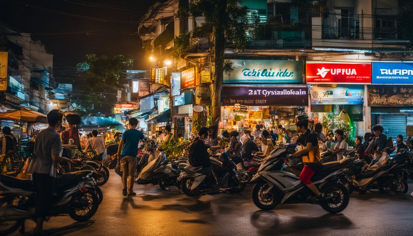 A vibrant cityscape photograph capturing the bustling streets of Ho Chi Minh City at night.