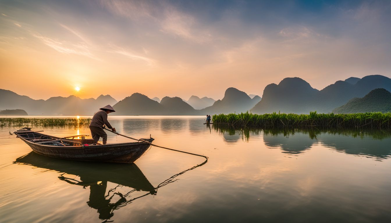 A vibrant photo of traditional Vietnamese fishermen on Hoa Binh Lake at sunrise captures the bustling atmosphere and serene beauty.