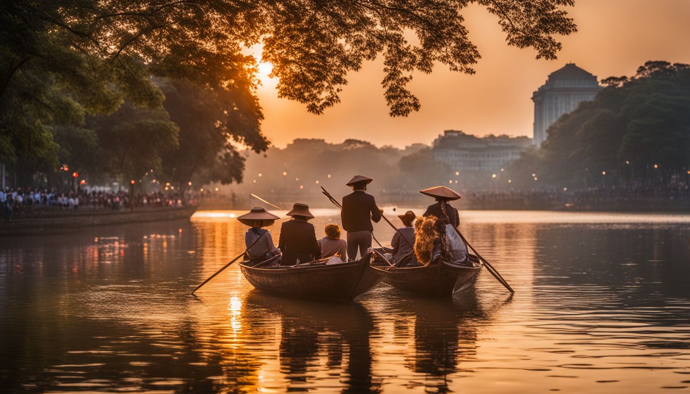A busy and vibrant city scene at sunset, showcasing the picturesque reflection of city lights on Hoan Kiem Lake.