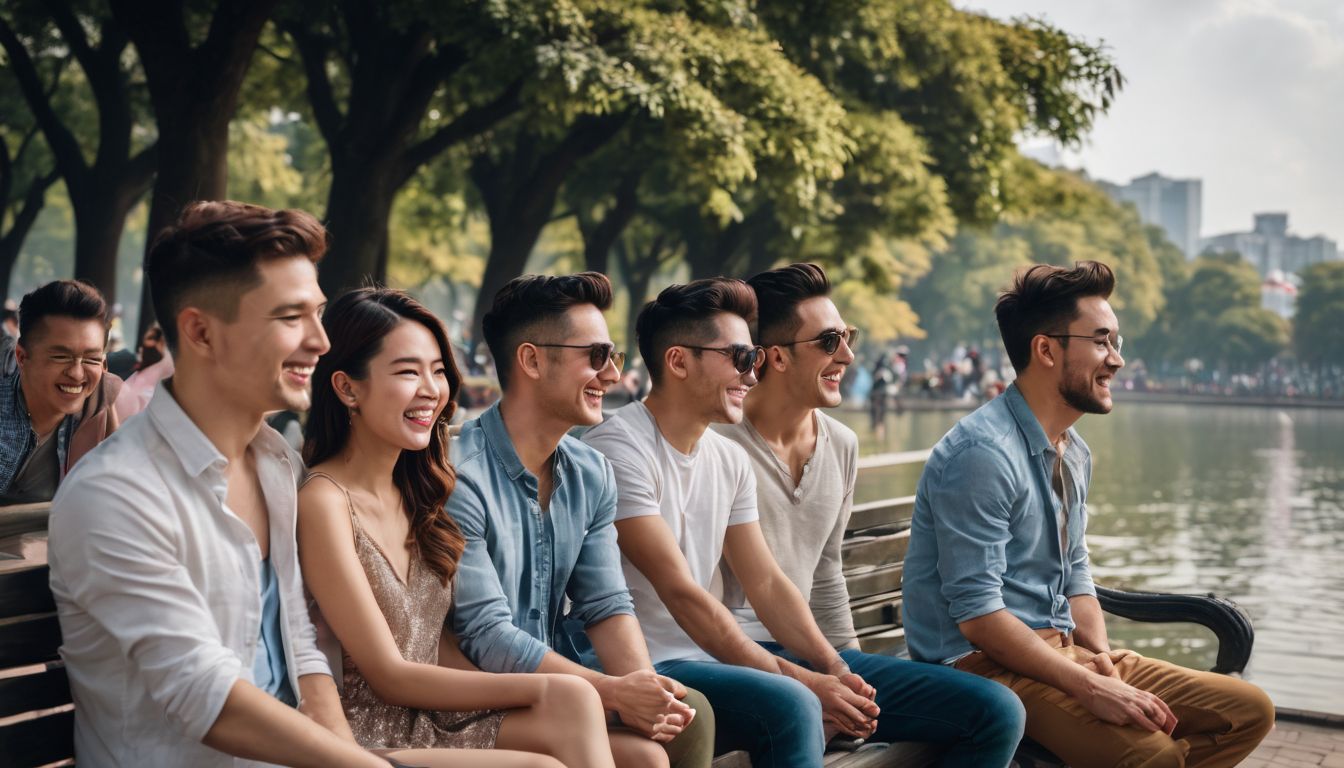 A diverse group of friends enjoying the view and laughing by Hoan Kiem Lake.