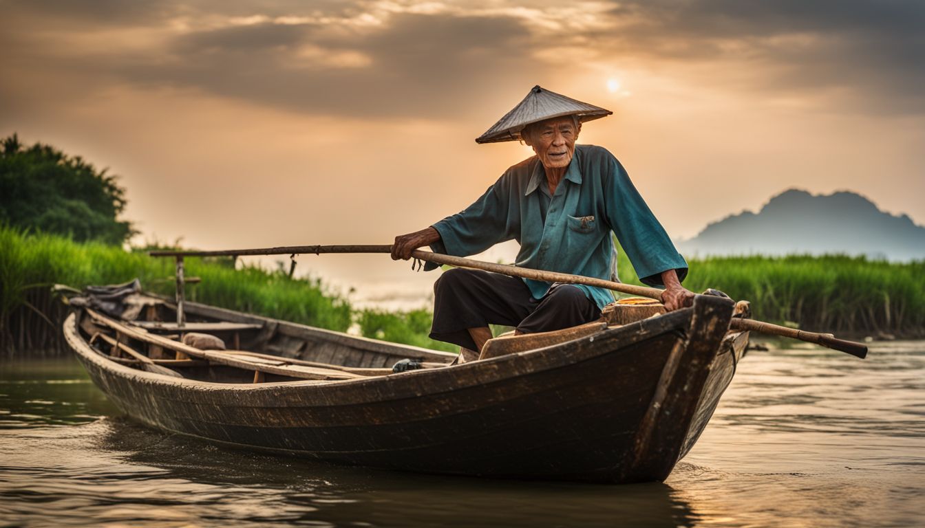 An elderly Vietnamese fisherman on a traditional wooden boat in the bustling atmosphere of the Thu Bon River.