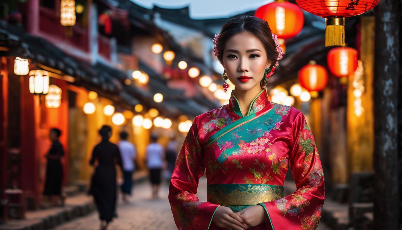 A young woman in a traditional Vietnamese dress walks through the vibrant streets of Hoi An Ancient Town.