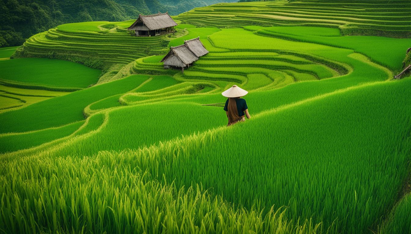 A vibrant photo of rice fields with people wearing traditional Vietnamese hats, showcasing diverse individuals and bustling atmosphere.