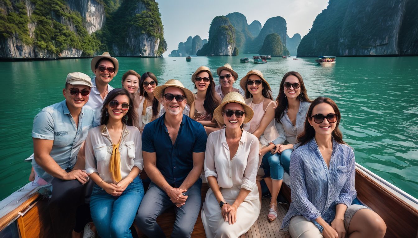 A group of tourists enjoy a scenic boat ride in Halong Bay's stunning landscape.