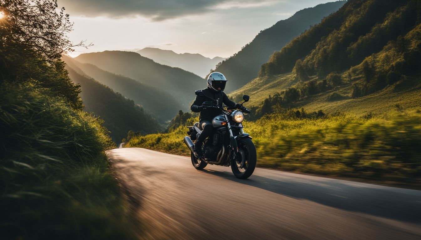A motorbike rider drives through a scenic road towards Marble Mountains, capturing the bustling atmosphere and picturesque landscape.