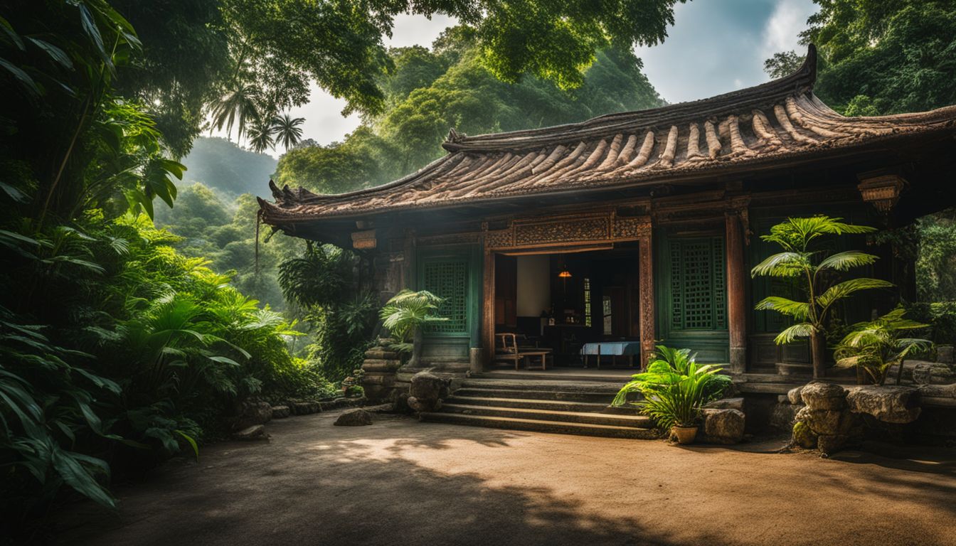 A photo of a traditional Vietnamese house surrounded by greenery with people in different outfits and hairstyles.
