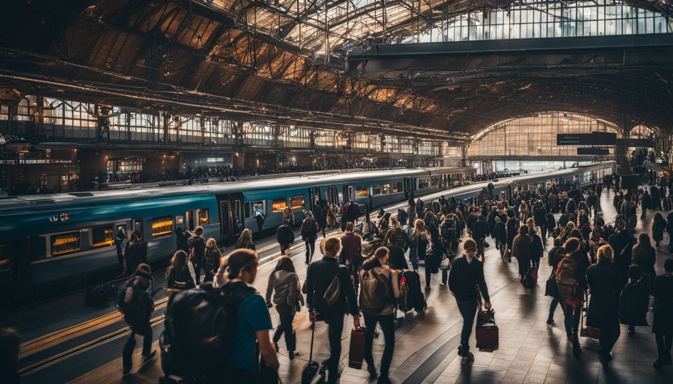 A lively train station filled with diverse people and bustling activity, captured with professional photography equipment.