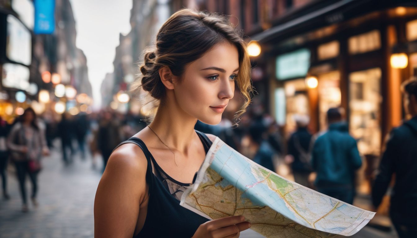 A person holds a map and points to a destination in a busy city street.