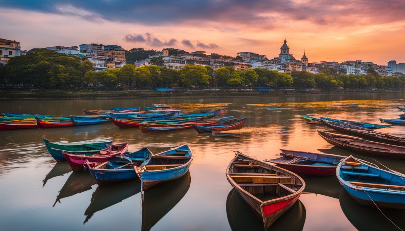 Colorful boats on the Perfume River captured in a bustling and vibrant cityscape photograph.