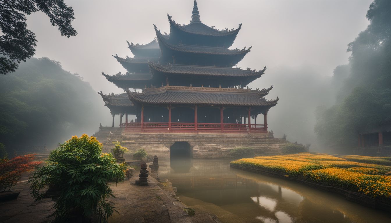 A photo of Thien Mu Pagoda on a misty morning with a bustling atmosphere and diverse individuals.