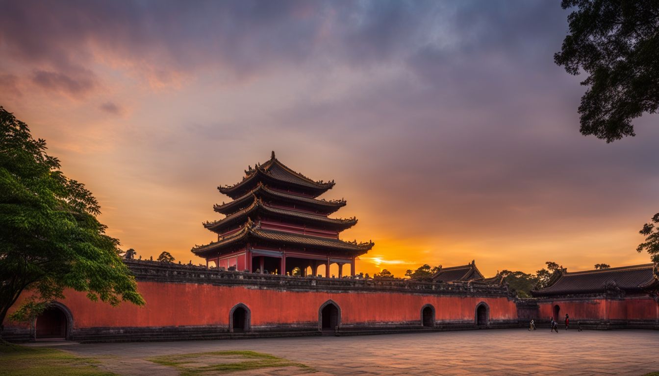 A stunning photo of Hue Imperial City at sunset, showcasing its ancient buildings in beautiful illumination.