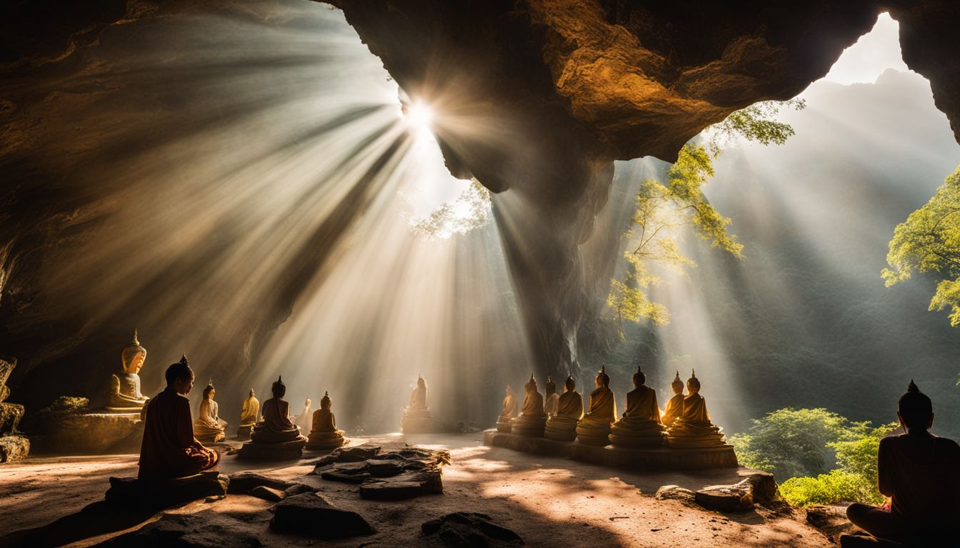The photo showcases ancient Buddha statues in Huyen Khong Cave, illuminated by sunlight streaming through the entrance.