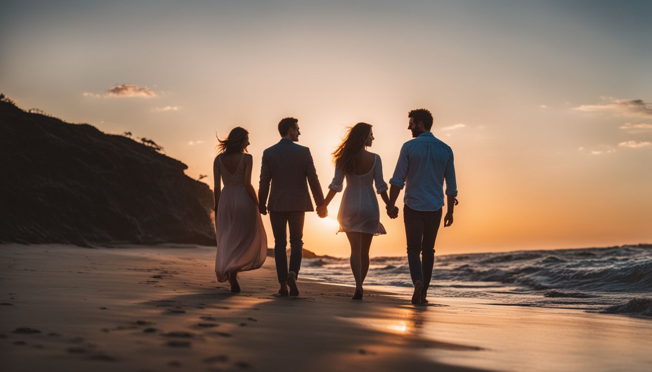 A couple walks hand in hand on a beautiful beach at sunset, showcasing diverse appearances and outfits.