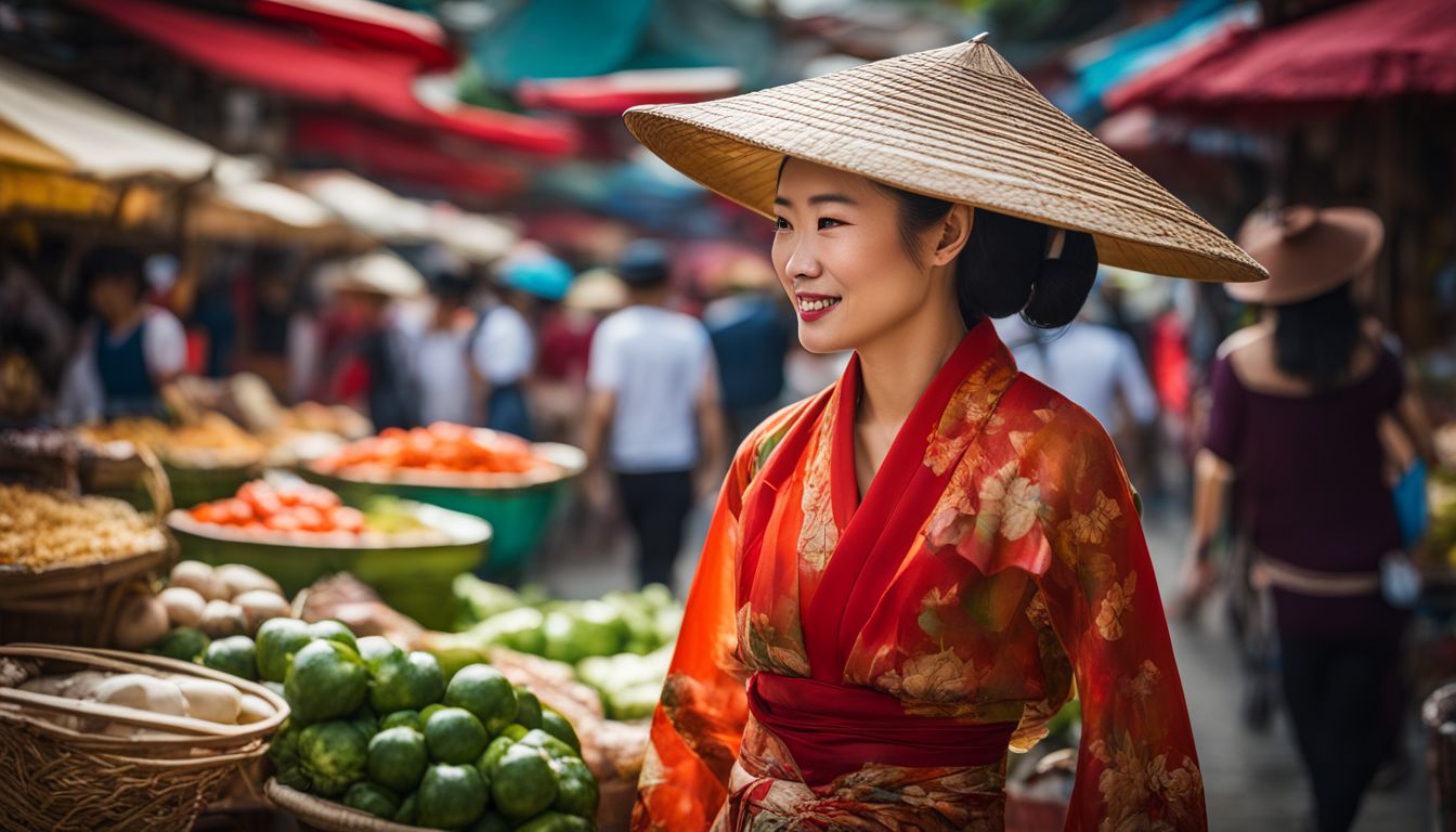 A traditional Vietnamese woman walks through a busy market amidst a bustling atmosphere.