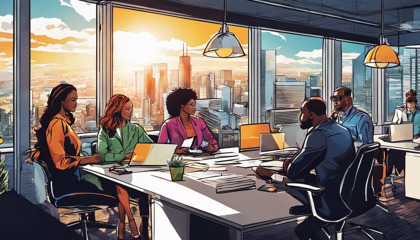 Professionals brainstorming in a modern office, overlooking a bustling cityscape.