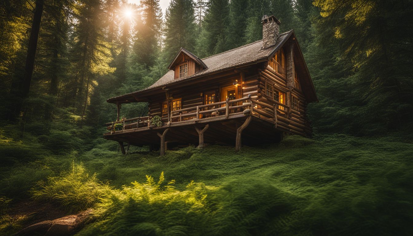 A picturesque wooden cabin surrounded by a lush forest setting, featuring diverse individuals in various outfits.