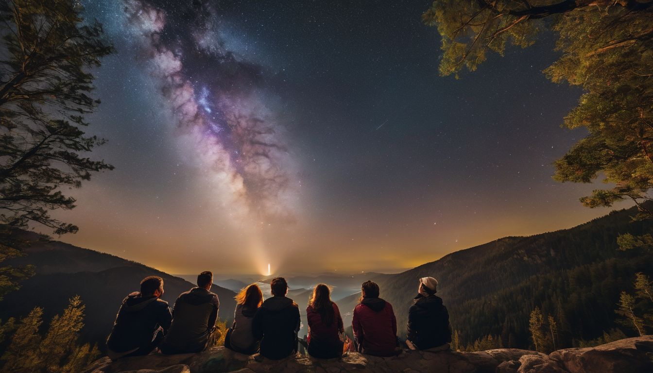 A diverse group of people gazes in awe at the night sky in a bustling atmosphere.
