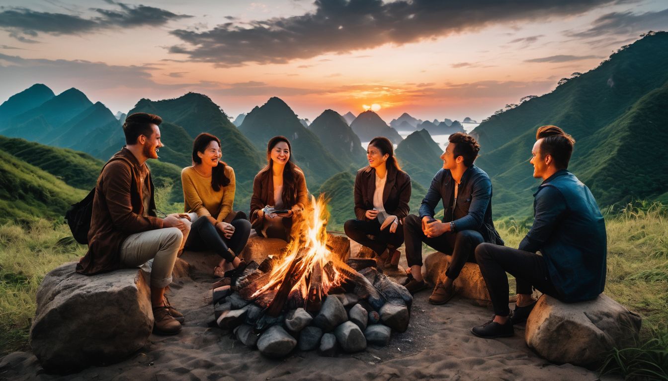 A diverse group of travelers enjoying a campfire surrounded by Vietnam's natural beauty.