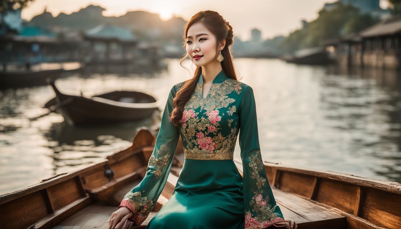 A woman wearing a traditional Vietnamese ao dai stands on a wooden boat in a bustling cityscape.