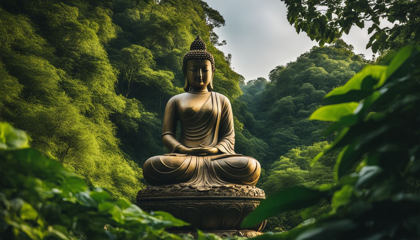 The photo showcases the serene Lady Buddha statue surrounded by lush greenery and a peaceful atmosphere.