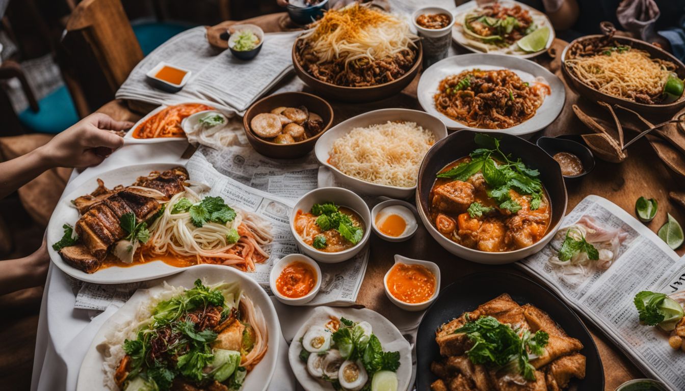 A table with a variety of colorful Vietnamese dishes and local newspapers from different cities.