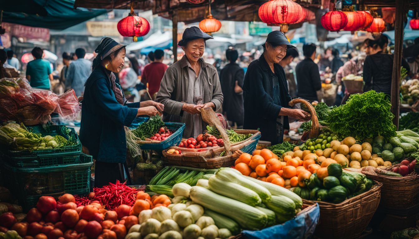 A lively Vietnamese market filled with locals selling fresh produce, captured in stunning detail and clarity.