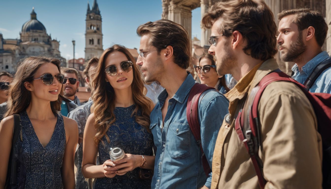 A group of tourists attentively listening to a knowledgeable guide in front of a historical landmark.