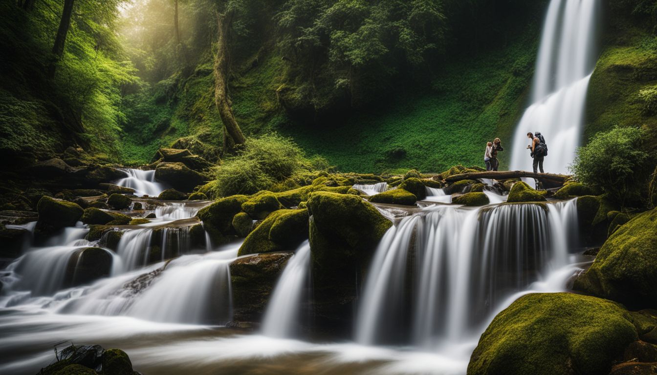 A picturesque waterfall located in a lush forest, captured in stunning detail with a high-quality camera.