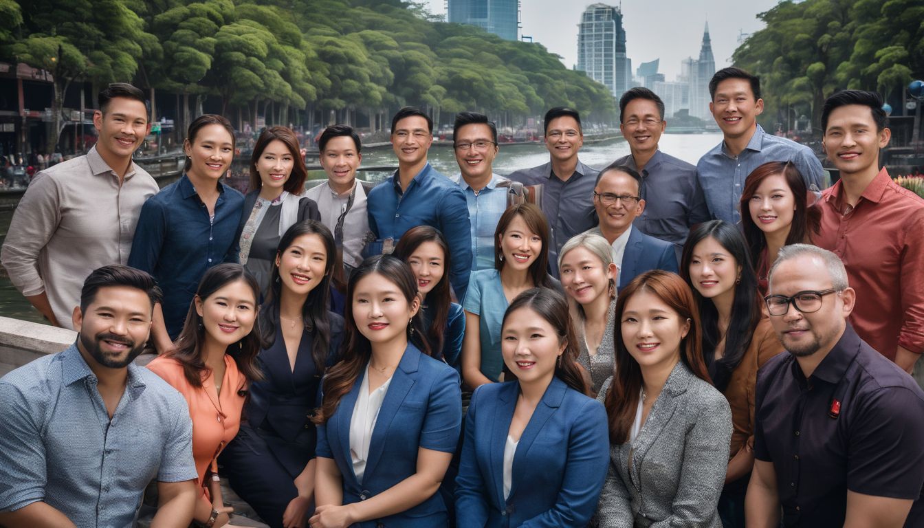 A diverse group of professionals from Vietnam stand in front of city landmarks, showcasing their unique styles and backgrounds.