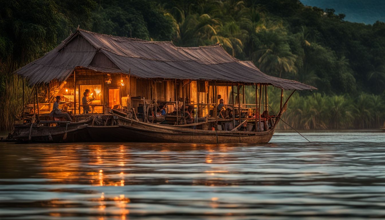 A photo of a floating house on the Mekong River at sunset, capturing a bustling atmosphere and vivid details.