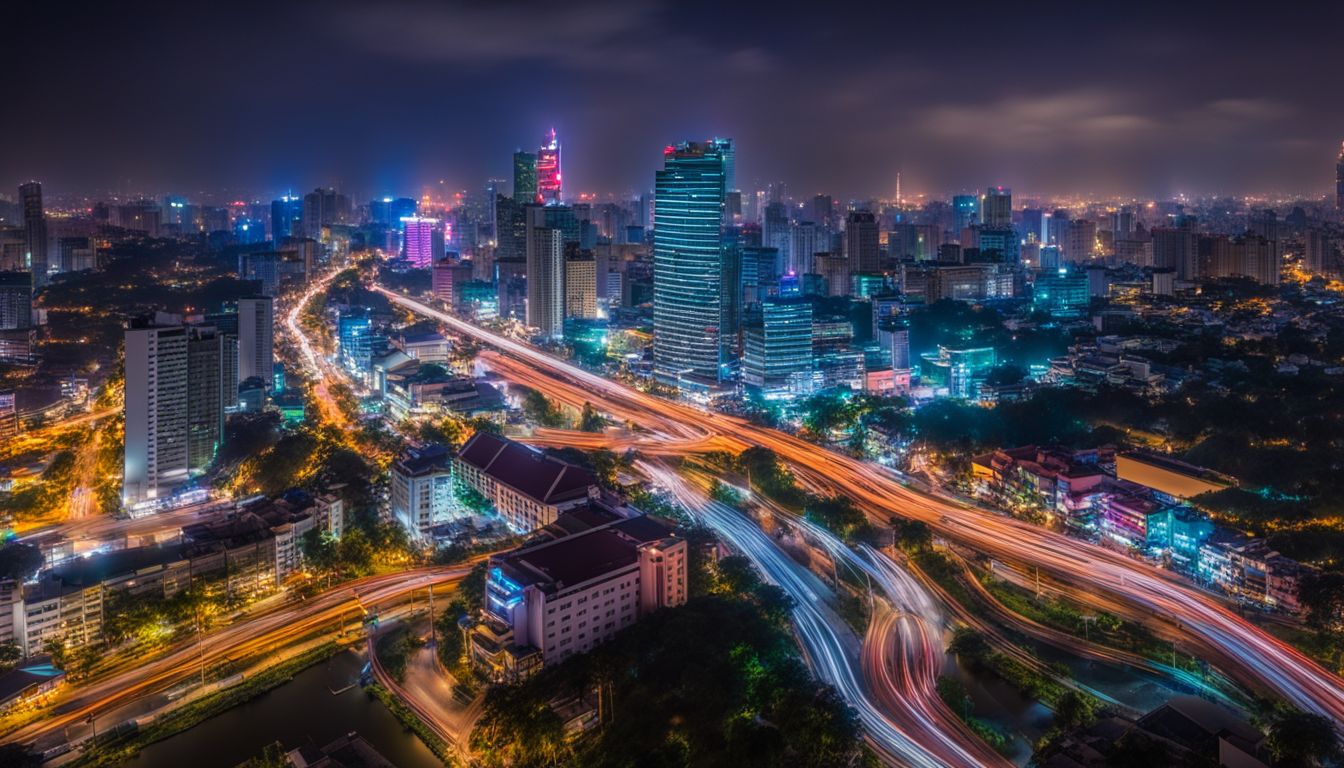 A vibrant nighttime cityscape with diverse people and bustling atmosphere captured with high-resolution photography.