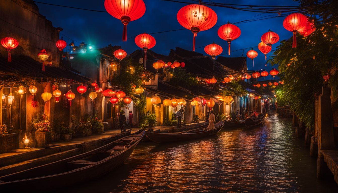 A vibrant nighttime cityscape of Hoi An's ancient streets, capturing the bustling atmosphere and diverse faces.