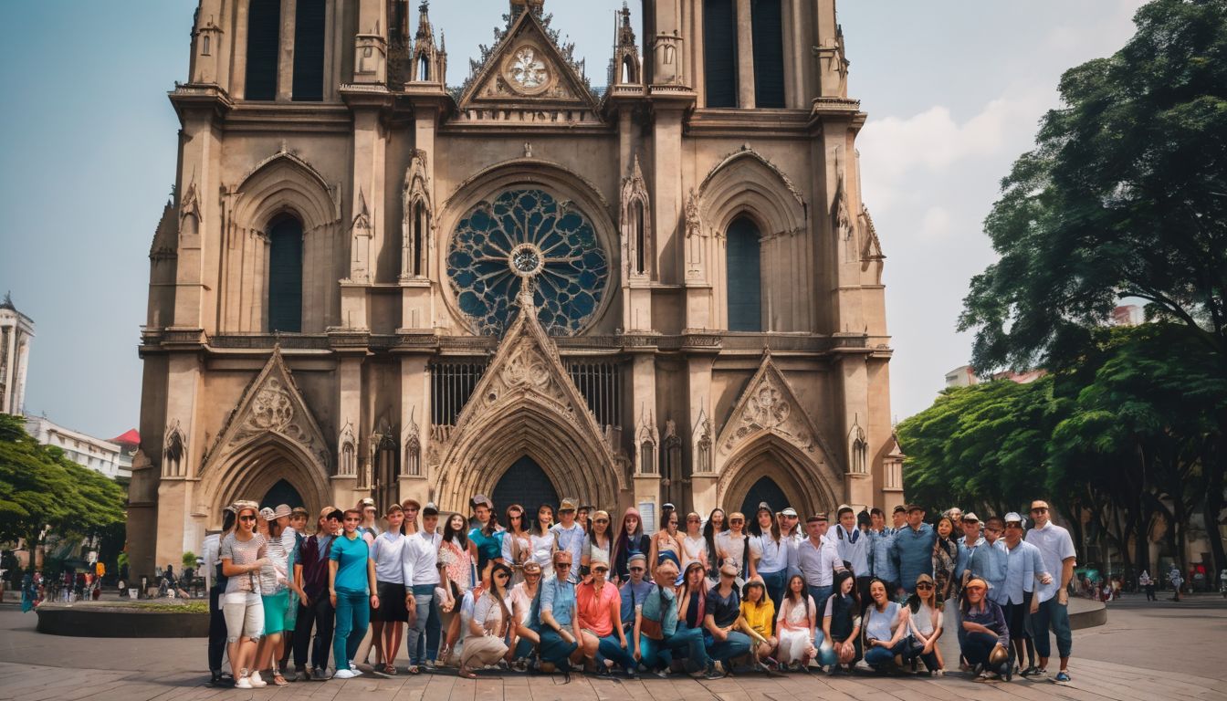 A group of tourists standing in front of the Notre-Dame Cathedral Basilica of Saigon.