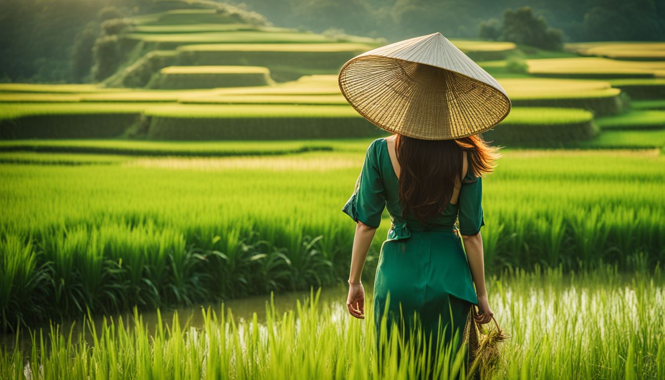 A woman in a traditional hat walks through a lush rice field in Vietnam.