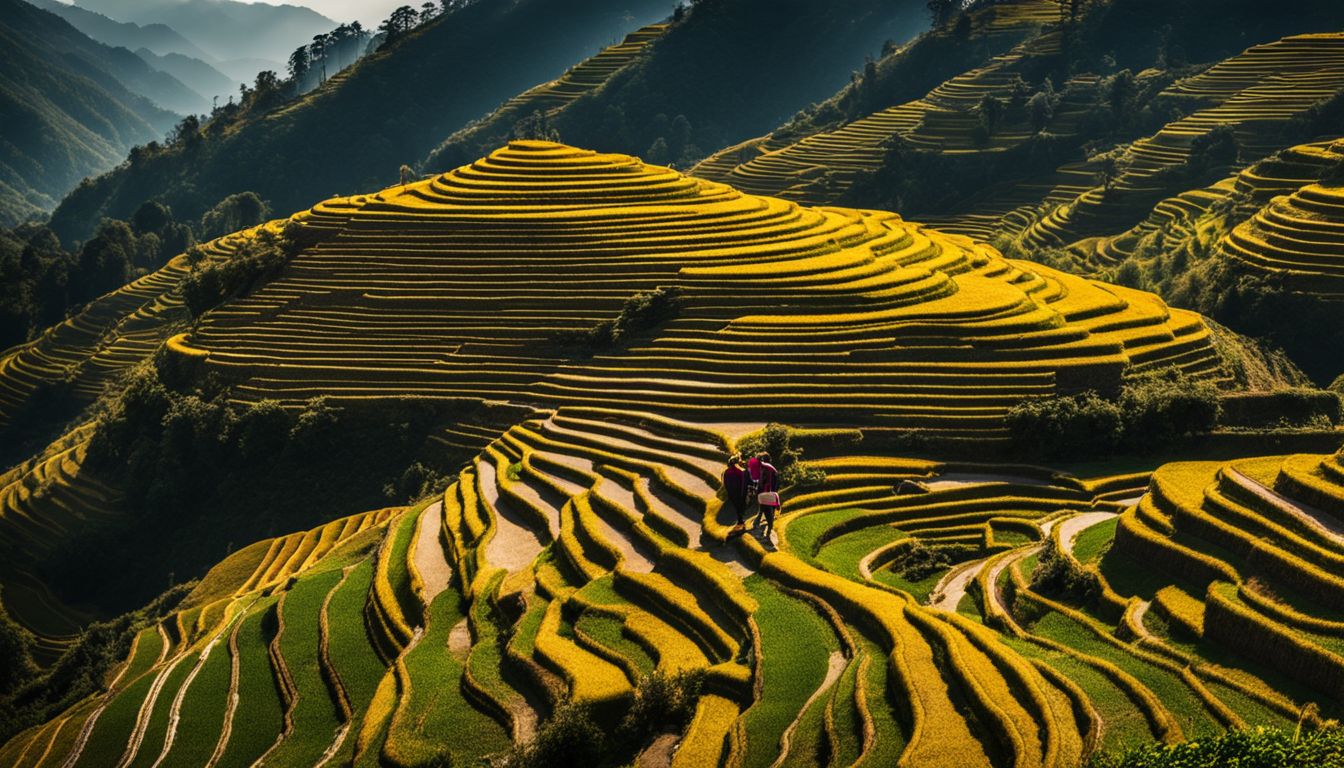 The photo showcases the iconic golden rice terraces of Sapa, with a diverse group of people in different outfits.